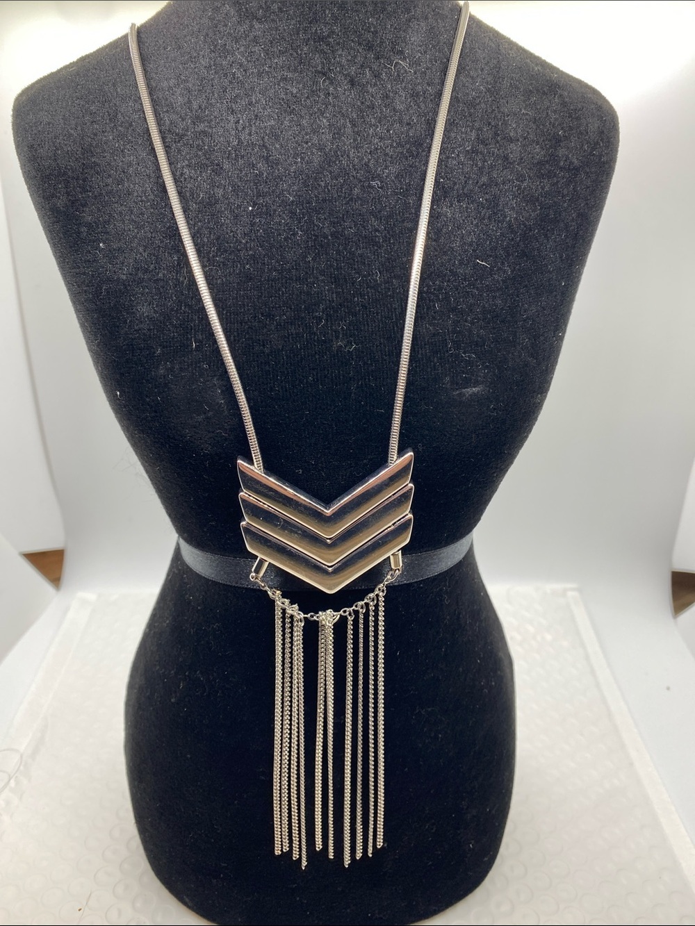 Lane Bryant Silver Tone Chevron Fringe Pendant Necklace-Long Statement Necklace